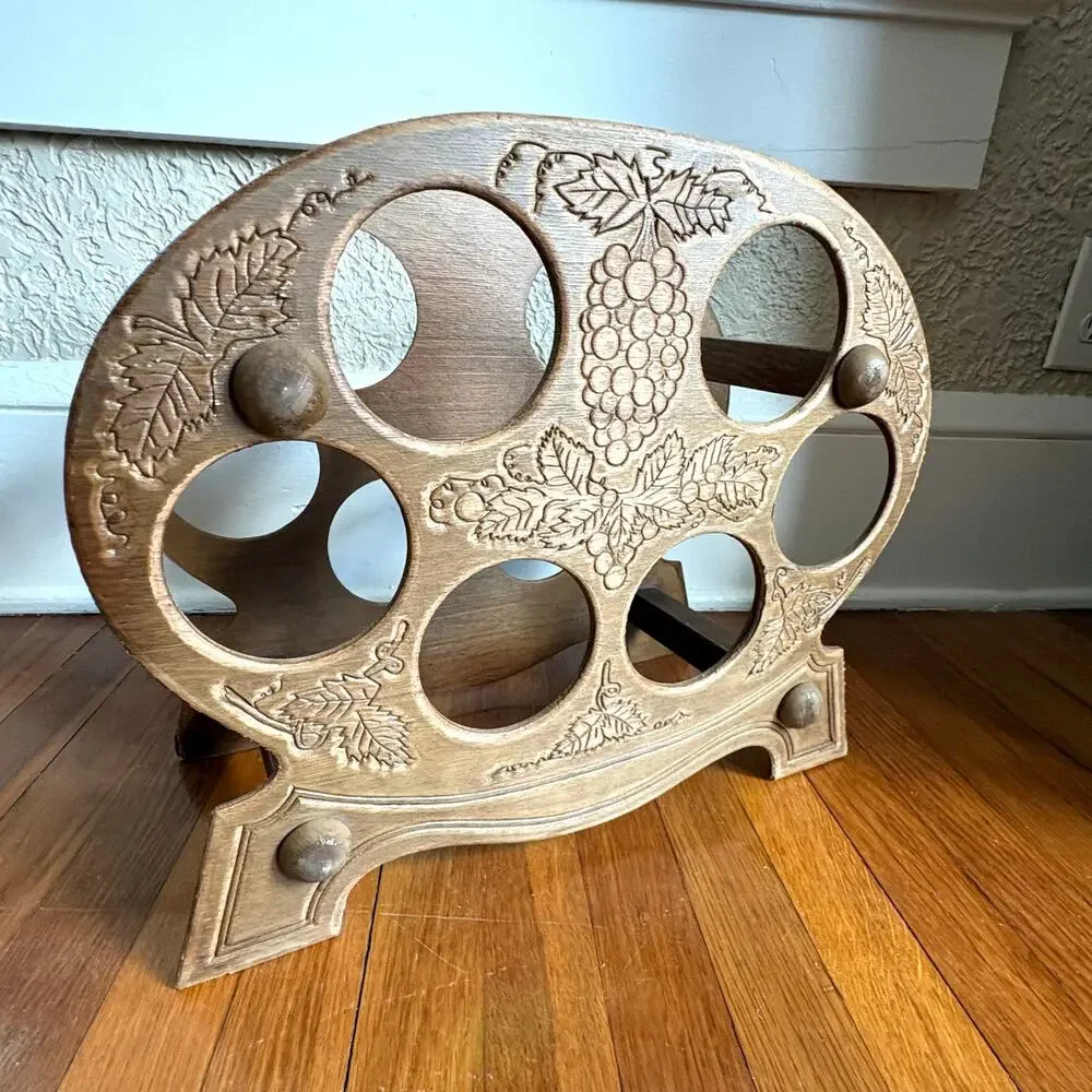 Vintage Carved Wood Wine Bottle Holder, Grape Motif Tabletop Wine Rack